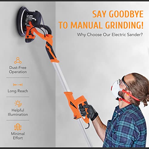 ZELCAN 850W Electric Power Drywall Sander with Vacuum Dust Collector, Swivel Head Extendable Variable 5-Speed LED High Visibility Wall Grinding Machine and 12 Sanding Discs | The Storepaperoomates Retail Market - Fast Affordable Shopping