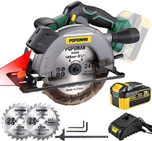 POPOMAN Cordless Circular Saw, with 20V 4.0Ah Battery&Fast Charger, 4300 RPM Speed, 2 Wood Cutting Blades, Adjustable Cutting Depth 52mm(90°) / 35mm(45°), for Wood, Plastic, PVC and Soft Metal, etc.