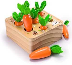 Wooden Toys for 1 2 3 Years Old Boys and Girls Montessori Size Sorting & Counting Puzzle Game Carrots Harvest Developmental Gifts for Fine Motor Skill