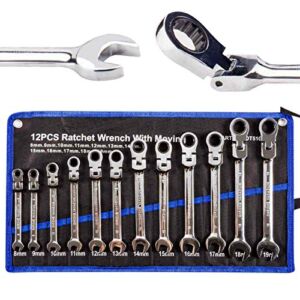 12pcs Flex Head Ratcheting Wrench Set- 8-19mm Metric Ratchet Combination Wrenches CrV Gear Spanner Set