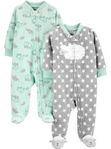 Simple Joys by Carter’s Unisex Babies’ Fleece Footed Sleep and Play, Pack of 2, Mint Green/Grey, Elephant, 0-3 Months
