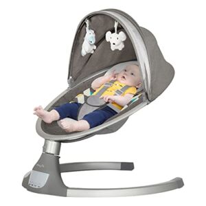 Dream On Me Zazu Baby Swing, Baby Swing for Infant, 5 – Swinging Speed, Two Attached Toys, Bluetooth Enabled and Remote Control, Grey and Blue