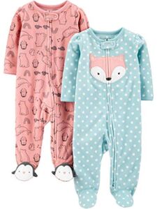 Simple Joys by Carter’s Baby Girls’ Fleece Footed Sleep and Play, Pack of 2, Pink, Fox/Animal, 3-6 Months