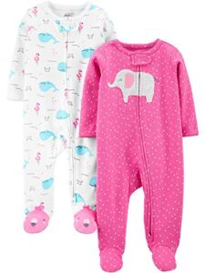 Simple Joys by Carter’s Baby Girls’ Cotton Footed Sleep and Play, Pack of 2, Pink, Elephant/Whales, 3-6 Months