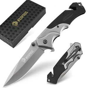NedFoss Pocket Knife for Men, 4-in-1 Multitool Folding Knife with Glass Breaker, Seat Belt Cutter, Bottle Opener, Survival Knife for Emergency Rescue Situations, Home Improvements (FA49)