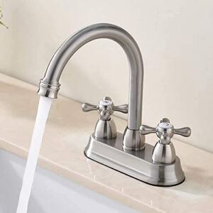 SHACO Brushed Nickel Bathroom Faucet, 4 Inch Centerset RV Camper Bathroom Faucet, 2 Handle 360° Swivel Spout Lavatory Basin Bath Vanity Bathroom Faucets for Sink 3 Hole or 2 Hole