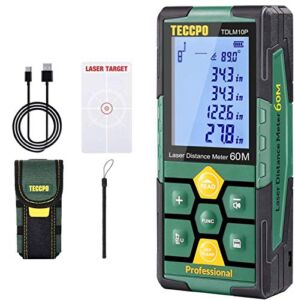 Laser Measure Rechargeable, TECCPO Laser Distance Meter 196ft, 99 Sets Data Storage, Electronic Angle Sensor, 2.25′ LCD Backlit, Mute Function, Measure Distance, Area, Volume, Pythagoras – TDLM10P