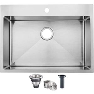 SHACO Commercial 28 inch 16 Gauge Top mount Drop-in Single Bowl Basin Handmade T304 Brushed Nickel Kitchen Sink, Stainless Steel 9 Inch Deep Kitchen Sinks, Fregadero