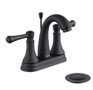 Matte Black 4 Inch Bathroom Sink Faucet 3 Hole, 2 Handle Centerset Bathroom Faucet with Brass Casting Spout, Modern RV Farmhouse Vanity Faucet, Include Drain with Overflow and Lift Rod, TAF410Y-MB