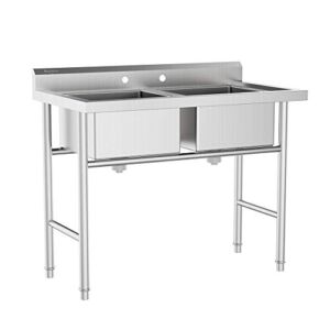 Bonnlo Commercial 304 Stainless Steel Sink 2 Compartment Free Standing Utility Sink for Garage, Restaurant, Kitchen, Laundry Room, Outdoor, 35.8″ W x 21.3″ D x 40″ H