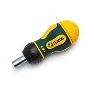 SATA 6-Piece Stubby Ratcheting Screwdriver Set with Three Ratcheting Settings and a Green and Yellow Storage Handle – ST09348