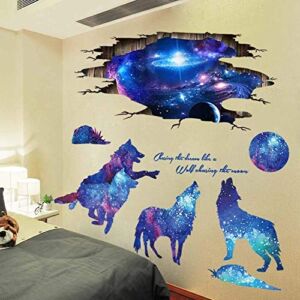 Amaonm 3D Blue Starry Sky Wolf Moon Wall Decals Removable PVC Magic 3D Milky Way Outer Space Planet Wall Sticker Peel Stick Home Decor for Kids Baby Bedroom Boys Girls Nursery Room Ceiling Living Room
