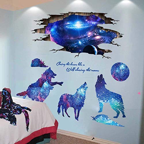 Amaonm 3D Blue Starry Sky Wolf Moon Wall Decals Removable PVC Magic 3D Milky Way Outer Space Planet Wall Sticker Peel Stick Home Decor for Kids Baby Bedroom Boys Girls Nursery Room Ceiling Living Room | The Storepaperoomates Retail Market - Fast Affordable Shopping