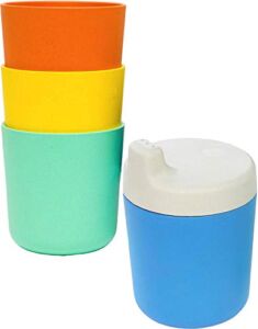 ECO MATTERS Bamboo Toddler Cups: Set of 4 Cups with 【1 Spill Proof Sippy Cup Lid】Microwave Safe， Biodegradable，Reusable Drinking Cup Sets for Kids and Toddlers – BPA Free，Non-Toxic，Non Plastic