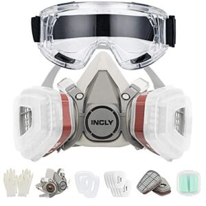 Incly Respirator Half Face Cover For Chemicals & Paint with Goggles and Asbestos, Safe Breathing For Against Dust, Organic Vapors, Gas, Smoke, Fire, Painting, Sanding