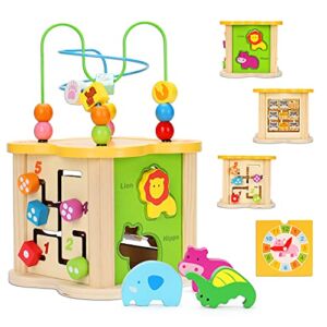 Baby Toys Small Activity Cube 6-in-1 Play Center Wooden Bead Maze Animal Shape Sorter Learning Montessori Sensory Toys Infant Toys 6 12 9 18 Month 1 2 Year Old Toddler Boys Girls First Birthday Gift