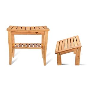 ToiletTree Products Deluxe Wooden Bamboo Shower Seat Bench with Underneath Storage Shelf (Seat with Foot Stool)