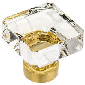 10 Pack – Cosmas 6377BB-C Brushed Brass Cabinet Hardware Square Knob with Clear Glass – 1-3/8″ Squared