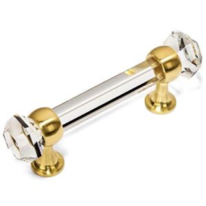 10 Pack – Cosmas 6393BB-C Brushed Brass with Clear Glass Cabinet Handle Pull – 3″ Inch (76mm) Hole Centers