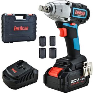 ENEACRO 20V Cordless Impact Wrench Brushless Motor 300 Ft-lb Max Torque,4.0 AH Battery with Fast Charger,3 Variable Speed,1/2 Inch Detent Anvil,Belt Clip,Carrying Case