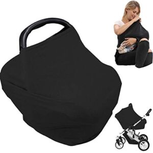 Car Seat Nursing Breastfeeding Cover, Thick Cozy Jersey Carseat Canopy Stroller Covers for Infant Babies, Extremely Stretchy, Soft, Convertible Multi Use Black Baby Shower Gifts for Girls Boys Mom