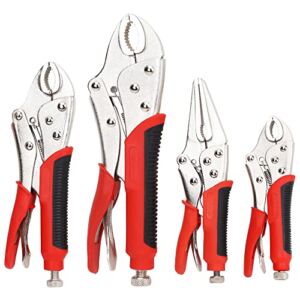 FASTPRO 4-Piece Locking Pliers Set With Heavy Duty Grip, 5″, 7″ and 10″ Curved Jaw Locking Pliers, 6-1/2″ Long Nose Locking Pliers Included, Vise Grip Wrench Set