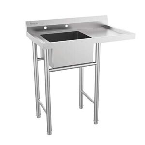 Bonnlo 304 Stainless Steel Utility Sink with Drainboard, One Compartment Workbench Sink Commercial Sink for Restaurant, Laundry Room, Backyard, Garages – Overall Size: 35.8″ W x 21.3″ D x 40.2″ H