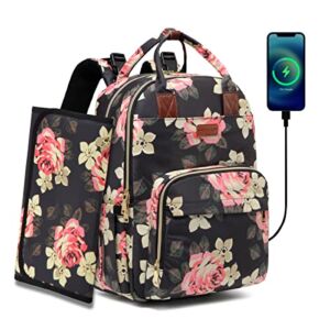 Diaper Bag Backpack, Baby Diaper Bag with Changing Pad Large Capacity Floral Diaper Backpack for Baby Girl and Mom, Multi-Function Waterproof Travel Back Pack Built-in USB Charging Port