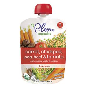 Plum Organics Baby Food Pouch | Stage 3 | Carrot, Chickpea, Pea, Beef and Tomato | 4 Ounce | 12 Pack | Organic Food Squeeze for Babies, Kids, Toddlers