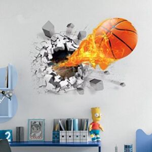 U-Shark® 3D Self-Adhesive Removable Break Through The Wall Vinyl Wall Stickers / Murals Art Decals Decorator (Flying Fire Basketball (19.7″ X 27.6″))