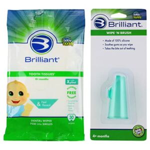 Brilliant Wipe N Brush -1 Silicone Toothbrush and 30 ct. Tooth Tissues – Xylitol Dental Wipe, Mouth Cleaner for Infants 4-16 Months Old, Infant Oral Cleaning Products, Baby Registry Must Haves, Green