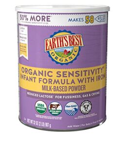 Earth’s Best Organic Low Lactose Sensitivity Infant Formula with Iron, Milk-Based Powder, 32oz.