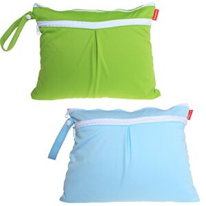 Damero 2Pack Waterproof Wet Bag, Reusable Wet Dry Bag Organizer for Travel, Beach, Diapers, Breast Pump Parts and Wet Swimsuits, Green+Blue