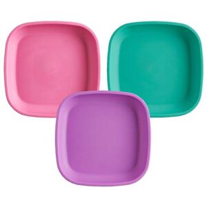 RE-PLAY Made in USA Deep Walled Flat Plates | Made from Eco Friendly Heavyweight Recycled Plastic | Dishwasher & Microwave Safe | BPA Free | Aqua, Bright Pink & Purple | Sparkle (3pk)