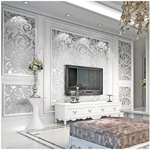 3D Damask Wallpaper, Modern Non-Woven Silver Flower Pattern Wallpaper Home Decor Wallpaper for Home Living Room Bedroom Indoor and TV Background, Need Glue and Wallpaper Powder
