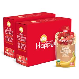 Happy Baby Organics Stage 2 Baby Food Pouches, Gluten Free, Vegan & Healthy Snack, Clearly Crafted Fruit & Veggie Puree, Bananas, Raspberries & Oats, 4 Ounces (Pack of 16)