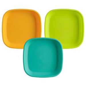 RE-PLAY Made in USA Deep Walled Flat Plates | Made from Eco Friendly Heavyweight Recycled Plastic | Dishwasher & Microwave Safe | BPA Free | Aqua, Lime Green & Sunny Yellow | Aqua Asst (3pk)