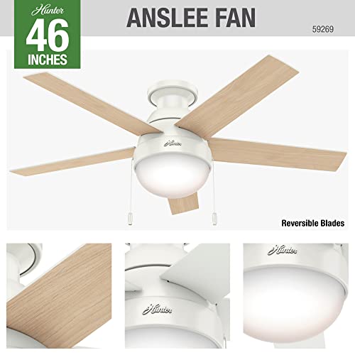 Hunter Anslee Indoor Low Profile Ceiling Fan with LED Light and Pull Chain Control, 46″, White | The Storepaperoomates Retail Market - Fast Affordable Shopping