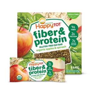 Happy Tot Organics Fiber & Protein Soft-Baked Oat Bars Toddler Snack Apple & Spinach, 0.88 Ounce Bars, 5 Count Box (Pack of 6) (Packaging May Vary)