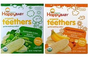 Happy Baby Organic Teethers Gentle Teething Wafers 2 Flavor Sampler Bundle: (1) Sweet Potato & Banana Teething Wafers, and (1) Pea & Spinach Teething Wafers, 1.7 Oz. Ea.