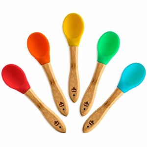 Bamboo Toddler Feeding Spoon Set – First Stage Weaning Feeding Spoon with Soft Silicone Tips – Gum-Friendly BPA-Free and Lead-Free – Great Infant Gift (5-Pack)