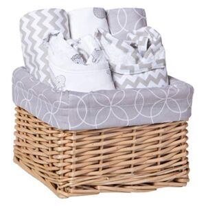 Trend Lab Safari Gray 7 Piece Feeding Basket Gift Set – 2 Deluxe Bibs, 3 Deluxe Burp Cloths, Liner, Willow Basket