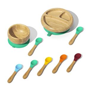 Avanchy Baby Divided Bamboo Plate, Bowl & Spoons Set – Baby Cutlery – Bamboo Kids Bowl – BPA Free Bowl – Bamboo Kids Utensils – Baby Divided Plate, Bowl, and Spoons Set, Green