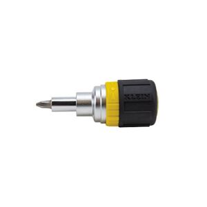 Klein Tools 32593 Multi-bit Ratcheting Screwdriver, 6-in-1 Stubby Tool with Phillips and Slotted Bits and 2 Nut Driver Sizes