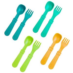 RE-PLAY Made in USA 8pk Toddler Feeding Spoon and Fork Set| Made from BPA Free Eco Friendly Recycled Milk Jugs – Virtually Indestructible | Aqua, Sunny Yellow, Lime & Teal | Dishwasher Safe |Aqua Asst