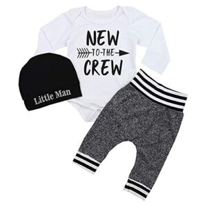 Newborn Baby Boy Clothes New to The Crew Letter Print Romper+ Pants+Hat 3PCS Outfit 0-3 Months White