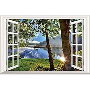 Home Find 3D Fake Windows Wall Stickers Peaceful Lake Sunshine Through the Woods Scenery Decor Frame Window Removable Vinyl Art Murals Bedroom Living Room Home Decals 23.6 x 15.7 inches