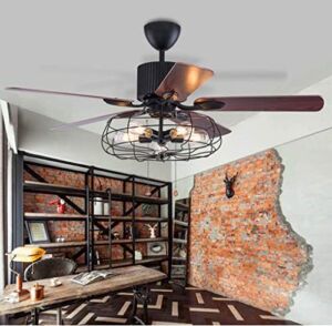 Efperfect 52Inch Industrial Ceiling Fan with Light, Vintage Metal Cage Ceiling Fans Reversible Retro 5 Wood Blades Remote 3 Speeds Timer Lighting Fixture for Living Room Farmhouse Dining Room Kitchen