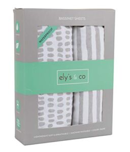 Ely’s & Co. Patent Pending Waterproof Bassinet Sheet, No Need for Bassinet Mattress Pad Cover, 2 Pack Taupe Splash & Stripes,Unisex for Baby Boy and Baby Girl 32″X16″X3″