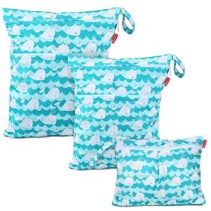 Damero 3Pcs Wet Dry Bag with 2 Zippered Pockets and Snap Handle for Cloth Diaper, Swimsuit, Clothes, Ideal for Travel, Exercise, Daycare, Roomy and Water-resistant (Cute Whale)